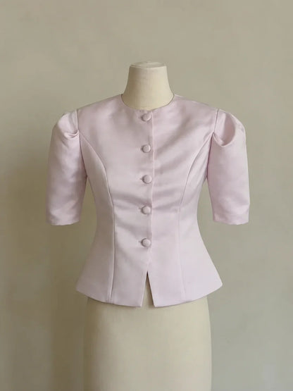 KT Elegant Satin Puff Sleeve Blouse for Women Round Neck Button Down Fitted Waist Asymmetric Hem Office & Formal Wear Tops