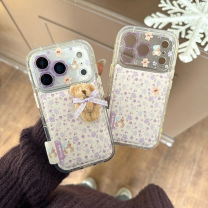 Gentle Purple Flower Stereoscopic Bear Artificial Leather Plush Ball Lanyard Phone Cover Case for iPhone 17 16 15 14 Pro Max