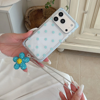 Vibrant All-over Little Flower Clear With Rhinestone Pendant Lanyard Rectangle Phone Cover Case for iPhone 17 16 15 Pro Max