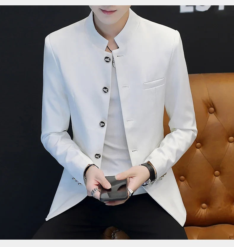 2024 Men's Slim Fit Long Sleeve Casual Suit Korean Trend Stand Collar Fashion Handsome Male Suit