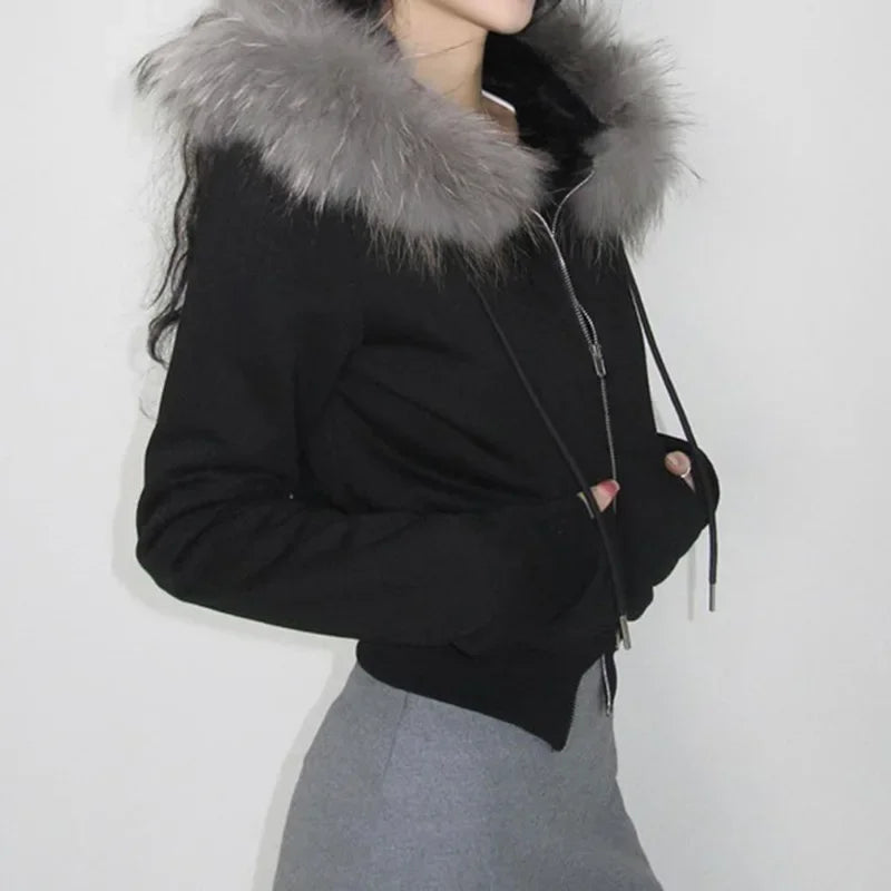 Goth Grey Faux Fur Collar Hooded Zip Up Hoodies Gothic Grunge Pockets Autumn Black Jackets Female Y2k Streetwear egirl Cardigans