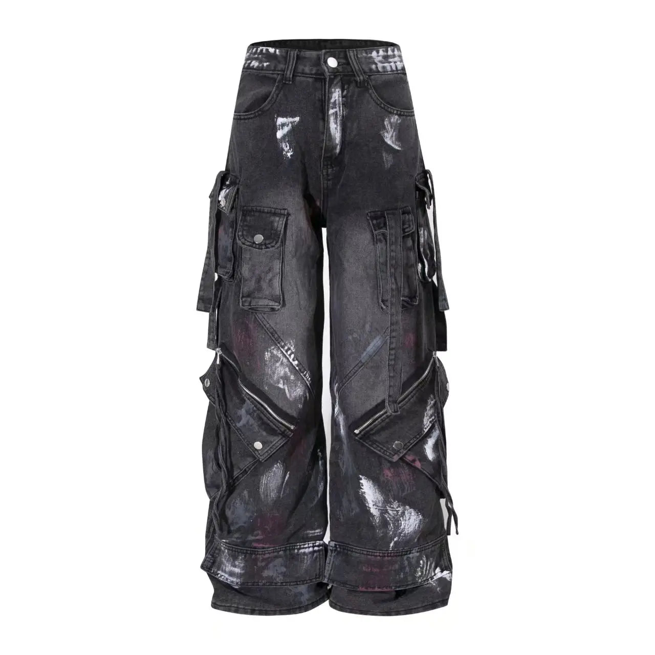 Y2K Harajuku Gothic Multi-Pocket Washed Black Jeans Men And Women American 2000s Heavy Industry Oversize Hip Hop Wide Leg Pants