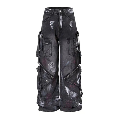 Y2K Harajuku Gothic Multi-Pocket Washed Black Jeans Men And Women American 2000s Heavy Industry Oversize Hip Hop Wide Leg Pants