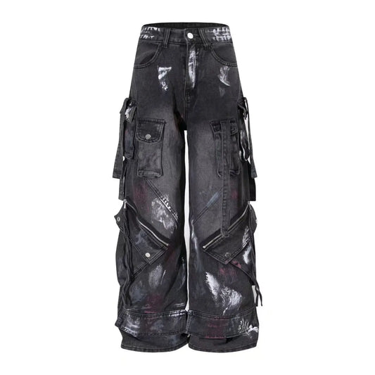Y2K Harajuku Gothic Multi-Pocket Washed Black Jeans Men And Women American 2000s Heavy Industry Oversize Hip Hop Wide Leg Pants