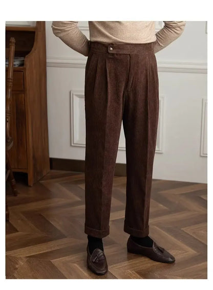 Classics Italian Naples Style Men's Suit Corduroy Pants Men High Waist Straight Work Formal British Business Brand Trousers Male