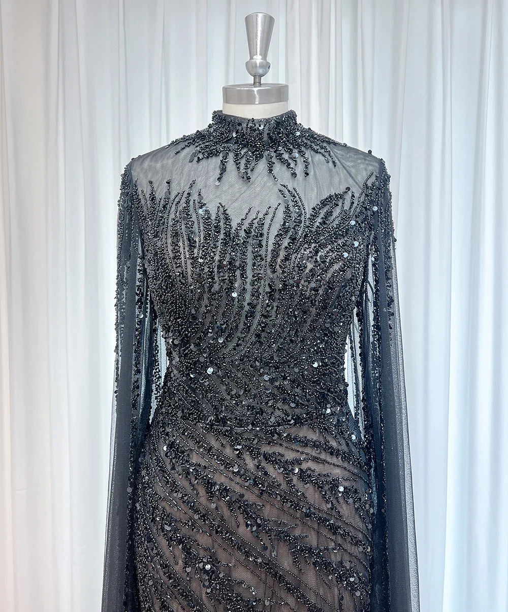 Luxury Beaded Evening Dress Cape Sleeve Dubai Sheer Neck Mermaid Formal Prom Wedding Party Gown Customized 2026