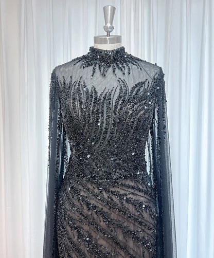 Luxury Beaded Evening Dress Cape Sleeve Dubai Sheer Neck Mermaid Formal Prom Wedding Party Gown Customized 2026