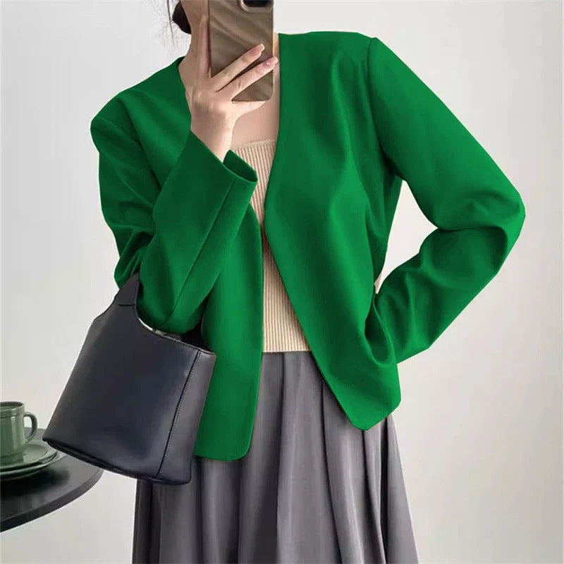 2025 Spring Autumn Fashion New Women's Suit Jackets Solid Short Coats Korean Blazers Long Sleeve Cardigan Coat Without Placket