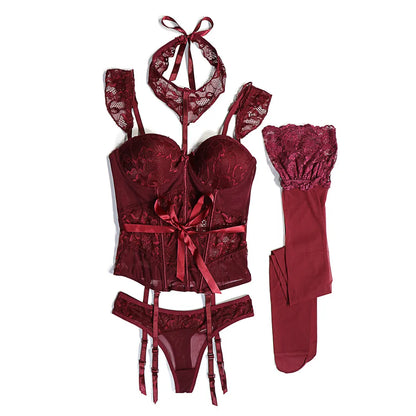 Sexy Lace Corset Body Shapewear Set Women Bustier with Suspenders Stockings Choker 4pcs Body Shapers Lingerie