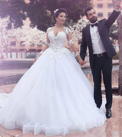 Sheer Neck Lace Appliques A Line Wedding Dresses Plus Size Wedding Gowns 2022 Dubai Middle East Bridal Gowns Saudi Arabian