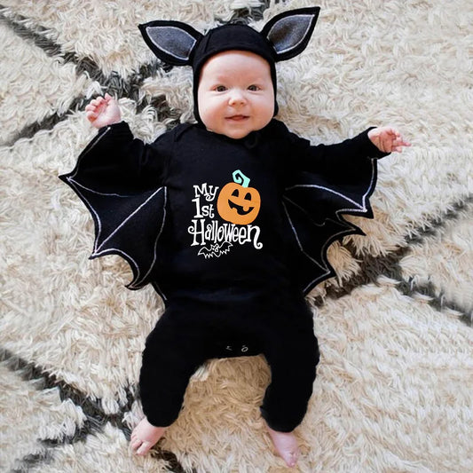 Halloween Baby Black Bat Costume Cosplay Romper Jumpsuit Infant Boys Girls Purim Party Carnival Fancy Dress Long Short Umorden