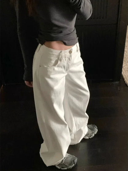 Summer Women's White High Waisted Wide Leg Jeans Premium Draped Effortless Chic Loose Straight Leg Denim Pants for Daily Office