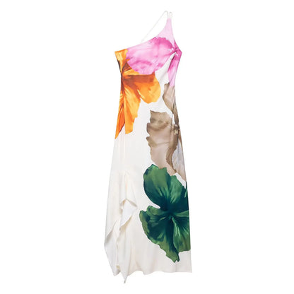 Women Sexy Single Shoulder Floral Print Slim Long Dress Female Chic Backless Side Zipper Brand Party Vestidos DS9198