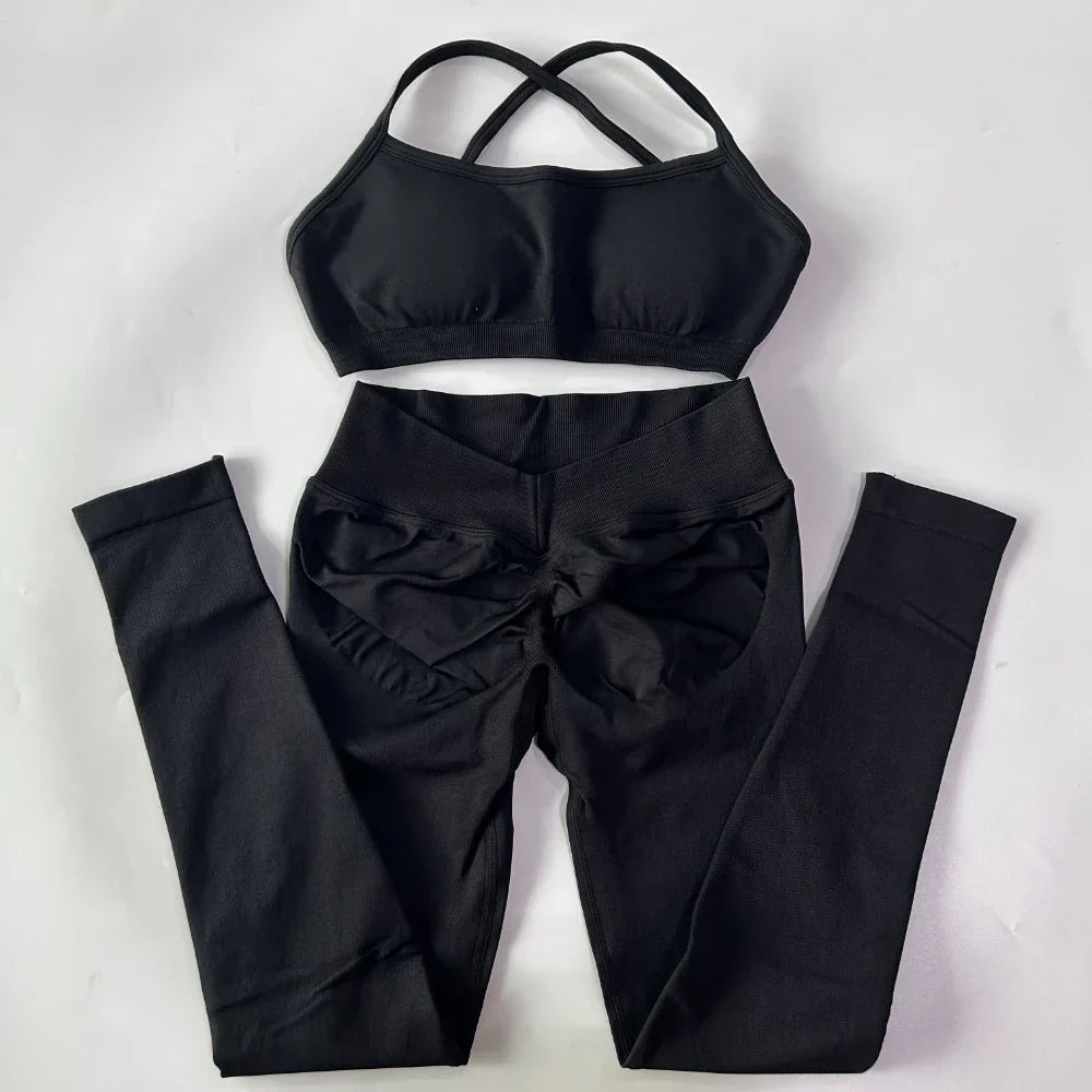2 Pieces Gym Set For Women Clothes Seamless Scrunch Yoga Leggings Set Backless Sports Bra Fitness Workout Top Yoga Set Outfits