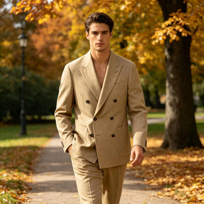 Men's Linen Double Breasted Blazer Peak Lapel Casual Business Suit Jacket With Patch Pockets For Daily Office Wear