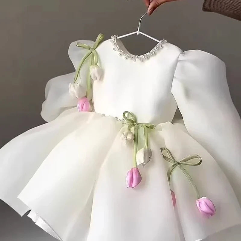 2026 New Children Girls Formal Dress Puff Sleeve Princess Gown Flower Girl Kids Floral Tulle Tutu Elegant Pageant Summer Costume
