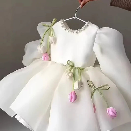 2026 New Children Girls Formal Dress Puff Sleeve Princess Gown Flower Girl Kids Floral Tulle Tutu Elegant Pageant Summer Costume