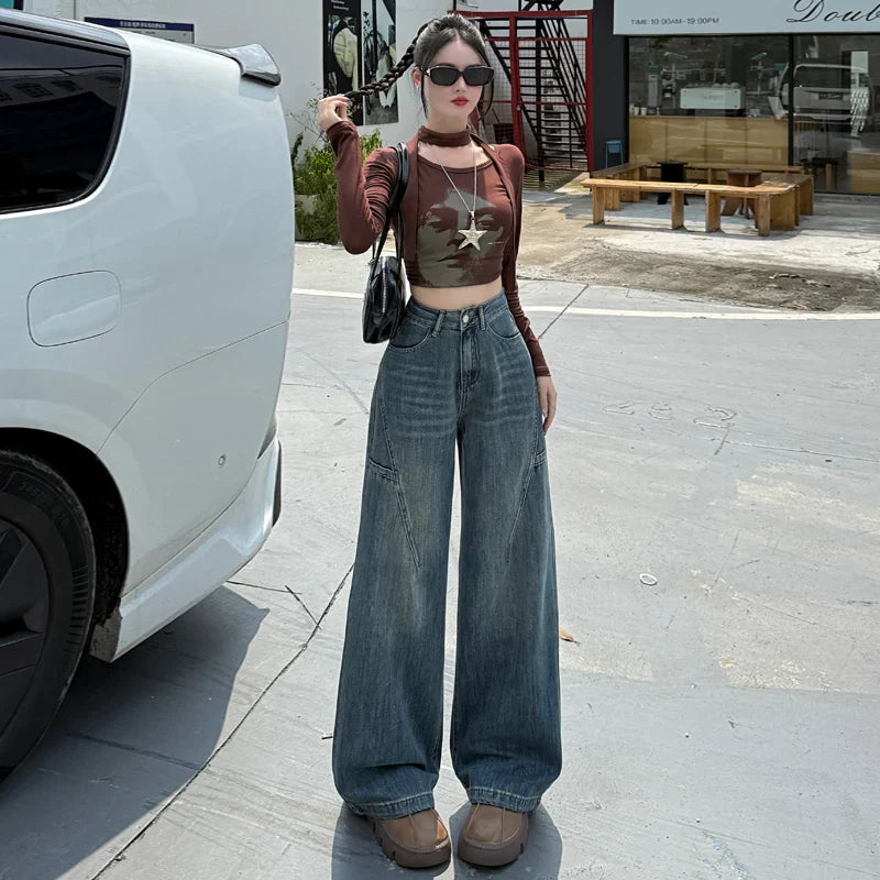 High Waisted Wide Leg Jeans Women Cotton Retro Denim Y2k Loose Fashion Design Sense Pant Streetwear Baggy Straight Trouser Woman