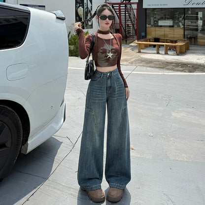 High Waisted Wide Leg Jeans Women Cotton Retro Denim Y2k Loose Fashion Design Sense Pant Streetwear Baggy Straight Trouser Woman
