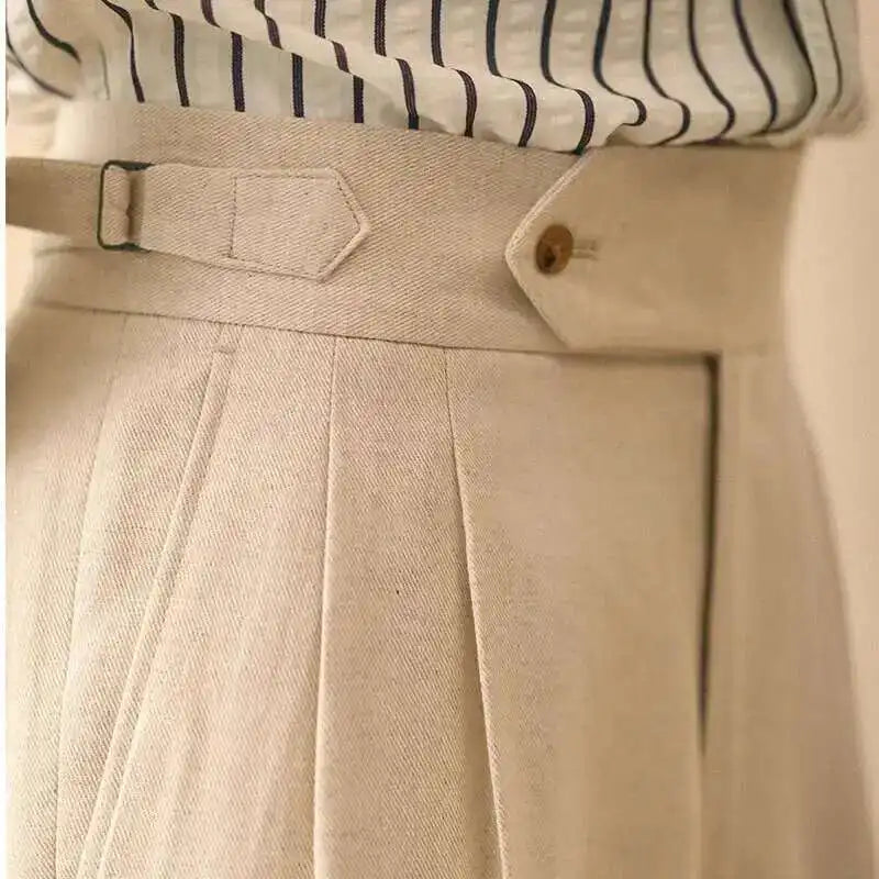 Linen Straight Pant For Men 2024 Summer Business Gentleman Naples Pant Paris Buckle Drape High Waisted Trousers Men Formal Pant