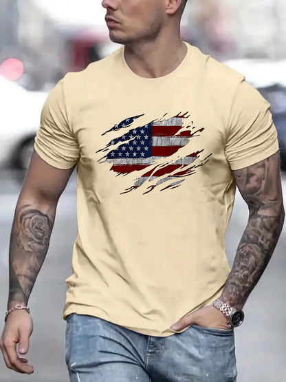 Men's Summer Casual Loose Size 100% Cotton Trendy American Flag Pattern Print Round Neck Short Sleeve T-shirt Top
