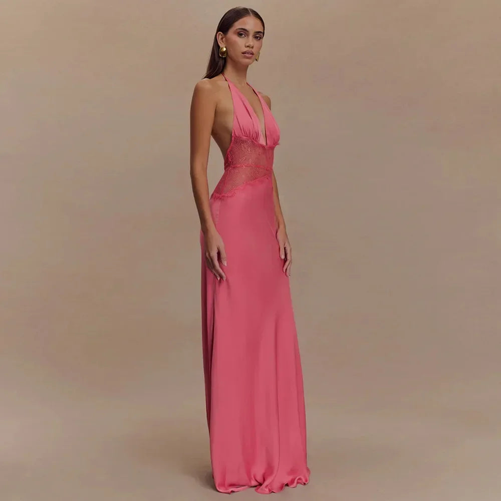 Sexy Deep V-neck Backless Lace Patchwork Satin Dresses for Women 2026 Summer Halter Sleeveless Long Maxi Party Evening Dress
