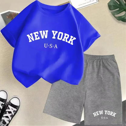 2026 New Kids Boys Girls New York Letter Pattern Cotton T-shirt+Shorts 2-Piece Set Casual Daily