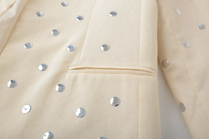 Women's Rivet Decoration Casual Blazer Long Sleeve V Neck Beige Spring Fall Coat
