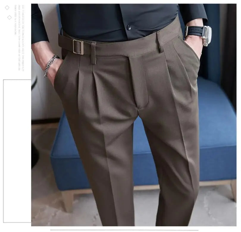 Pure Color Male Business Wedding Dress Pants Fashion Unique Design Men Waist Adjustable Suit Pant No Belt Slim Trousers Homme
