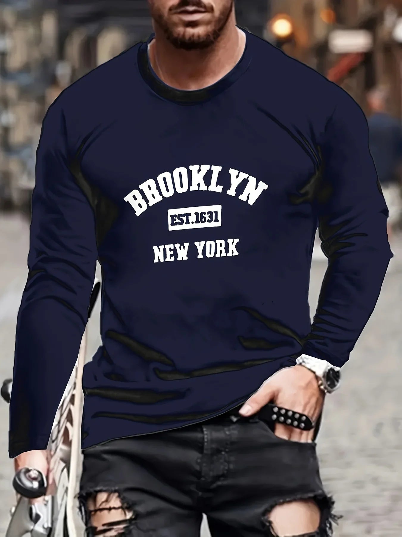 Men's 100% pure cotton loose and comfortable sports and leisure Brooklyn print round neck long sleeved T-shirt top
