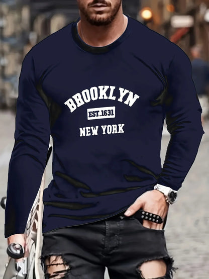 Men's 100% pure cotton loose and comfortable sports and leisure Brooklyn print round neck long sleeved T-shirt top