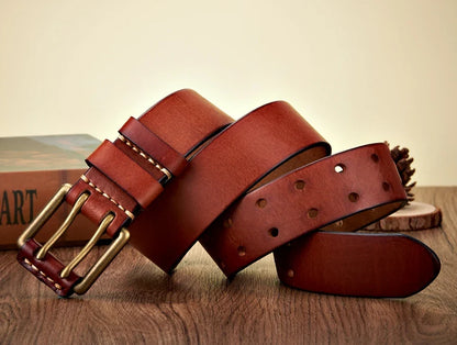 3.8cm Wide Retro Vintage Men's Belt Cowhide Genuine Leather Belt Copper Double Needle Buckle Handmade Cowboy Jeans Belt