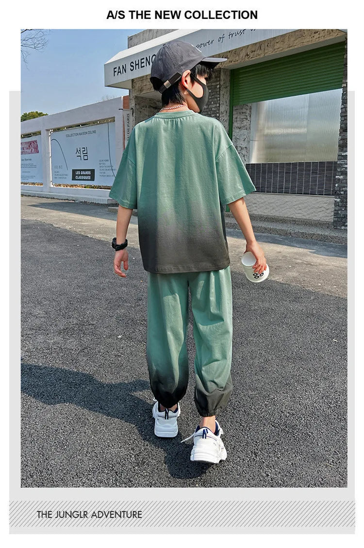 Summer Boys Leisure Gradient T-Shirt Top+Loose Sweatpant Workout Set School Kids 2PCS Tracksuit Children Vacation Outfit 5-16 Yr