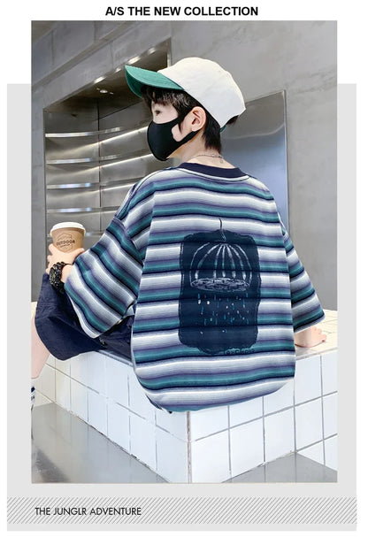 2026 Children Summer Clothes Set for Teen Boy Cotton Striped T-Shirt Shorts Two Pieces Outfit Suit Kids Clothing 5 7 9 11 13 14Y