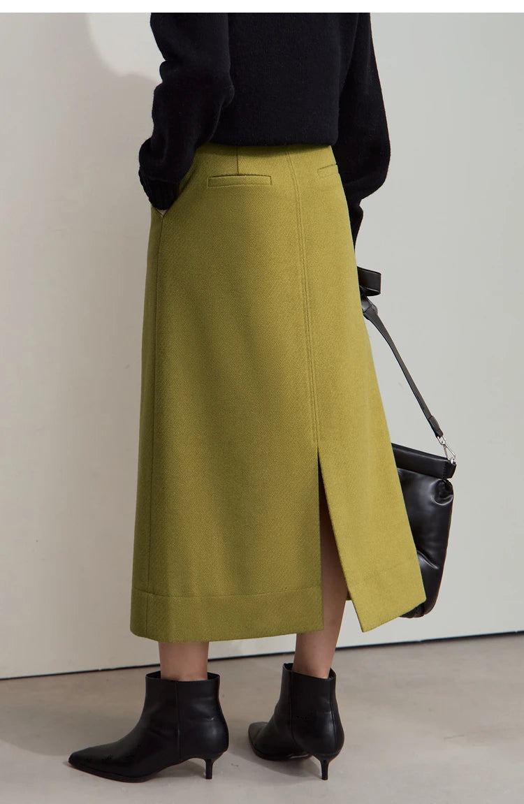 Minimalism Women's Elegant Commuter Skirts with Velvet Belt 2024 Winter Twill Fabric Warm Slit Straight Midi Skirt 12444183