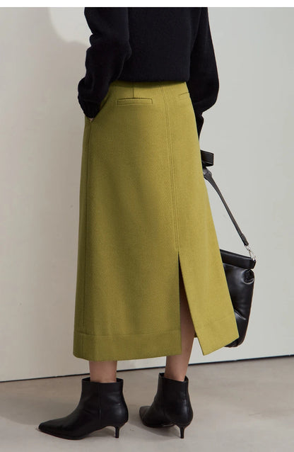 Minimalism Women's Elegant Commuter Skirts with Velvet Belt 2024 Winter Twill Fabric Warm Slit Straight Midi Skirt 12444183