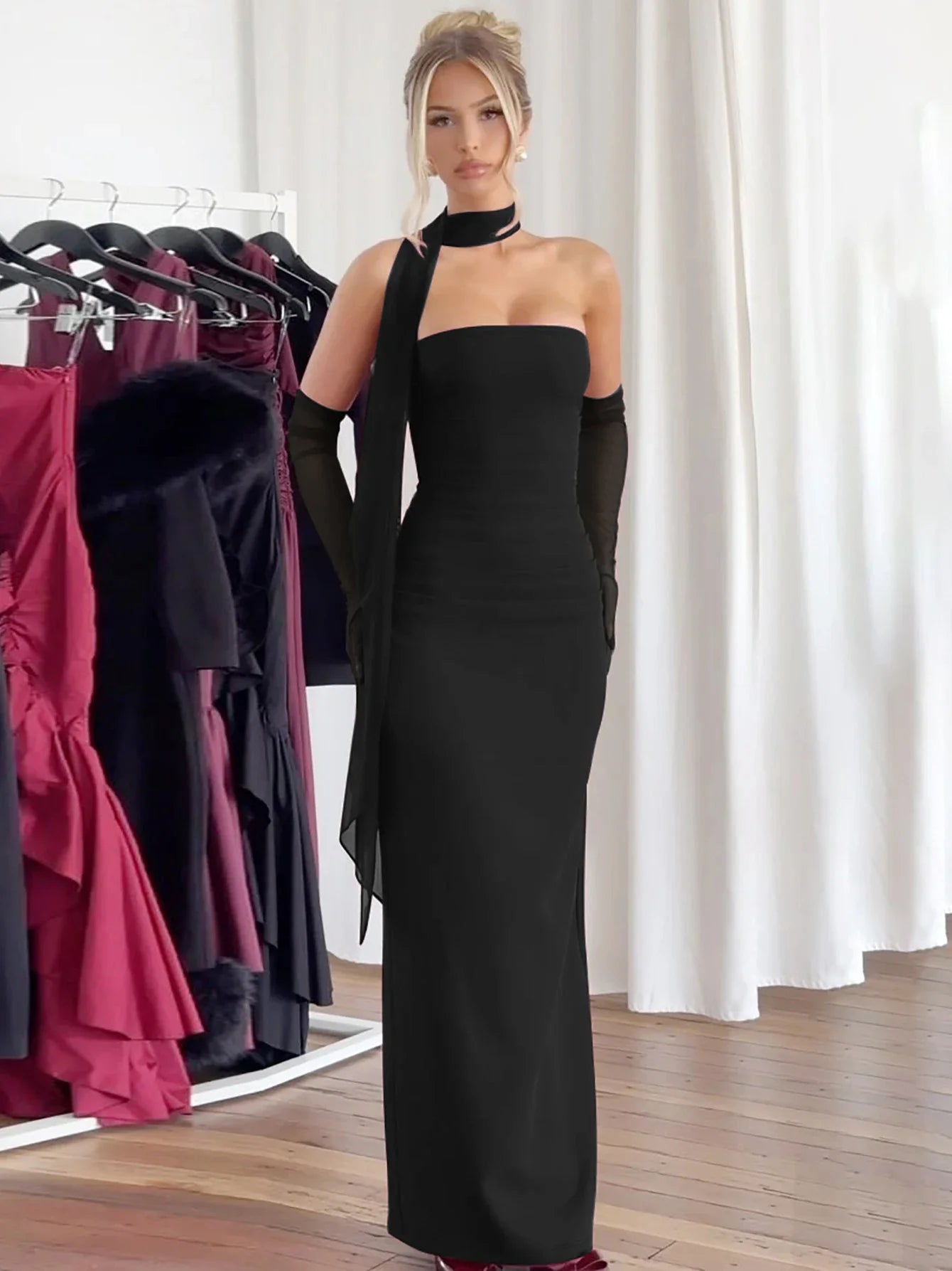 Elegant Scarf Strapless Solid Mesh Gloves Sexy Bodycon Maxi Prom Dress Women Fashion Y2K Outfits Wedding Party Birthday