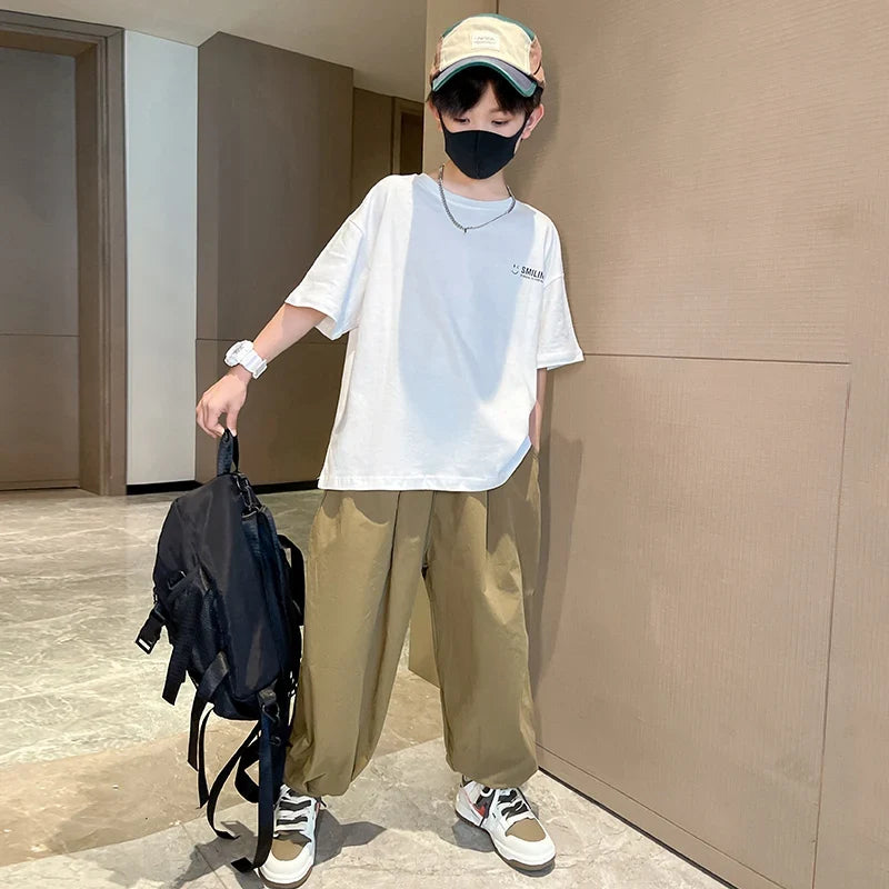 Teens Children's Summer Sets for Boys Clothing Cotton Set 2025 New Fashion Kids Loose Handsome T-shirt+ Lantern Pants Set Outfit