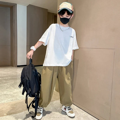 Teens Children's Summer Sets for Boys Clothing Cotton Set 2025 New Fashion Kids Loose Handsome T-shirt+ Lantern Pants Set Outfit
