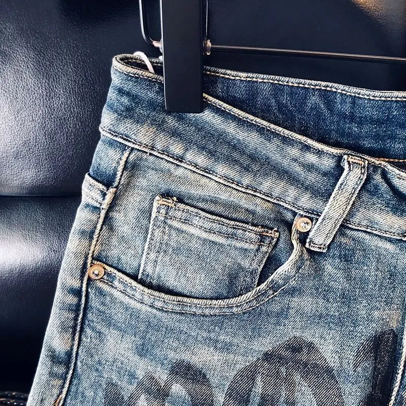 High-quality Blue Jeans Men's 2025 Spring and Summer European Wear Cargo Brand Letter Printing Ink Splashing Straight-leg Pants