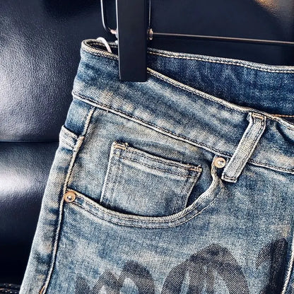 High-quality Blue Jeans Men's 2025 Spring and Summer European Wear Cargo Brand Letter Printing Ink Splashing Straight-leg Pants