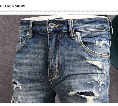 Street Fashion Men Jeans Retro Blue Stretch Slim Fit Hole Ripped Jeans Men Patched Designer Hip Hop Vintage Denim Pants Hombre