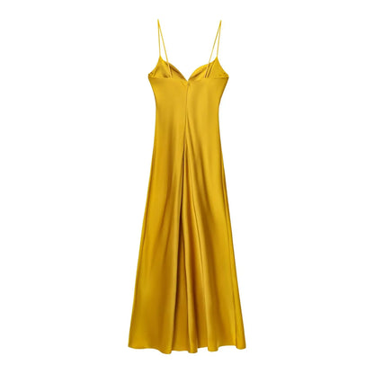 2025 Women Red V-Neck Holiday Style Satin Texture Long Dress Sleeveless Summer Women's Back Zipper Fashion Sling Dresses