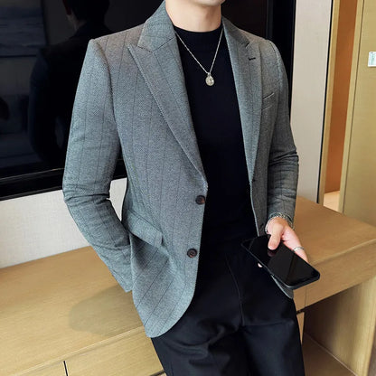 Men's Herringbone Stripe Suit Blazer Classic Lapel Dress Jacket Elegant Slim Fit Fashion Simple Casual Business Prom Suit Jacket