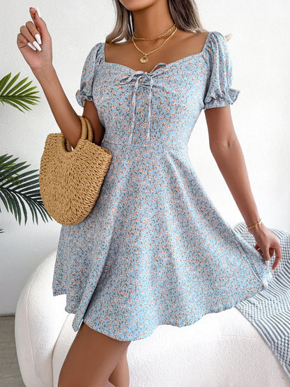 Women Casual Square Neck Flare Short Sleeve Floral Dress Elegant A Line Dress for Spring Summer 2026 Fashion Woman Clothing