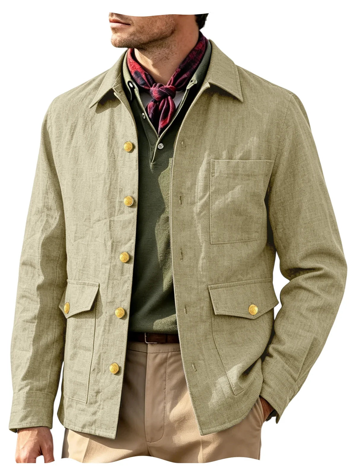 Vintage Men's Linen Jacket Lapel Collar Gold Button Casual Slim Fit Coat Lightweight Breathable for Formal Daily Office Wear