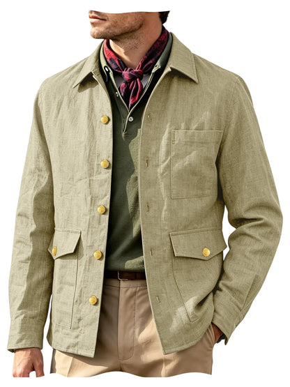 Vintage Men's Linen Jacket Lapel Collar Gold Button Casual Slim Fit Coat Lightweight Breathable for Formal Daily Office Wear