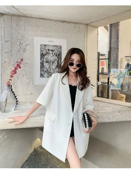 Korean Fashion Loose Thin Blazer Women Spring Autumn New Extra Large Mid Length Short Sleeved Women Coat Casual Outwear