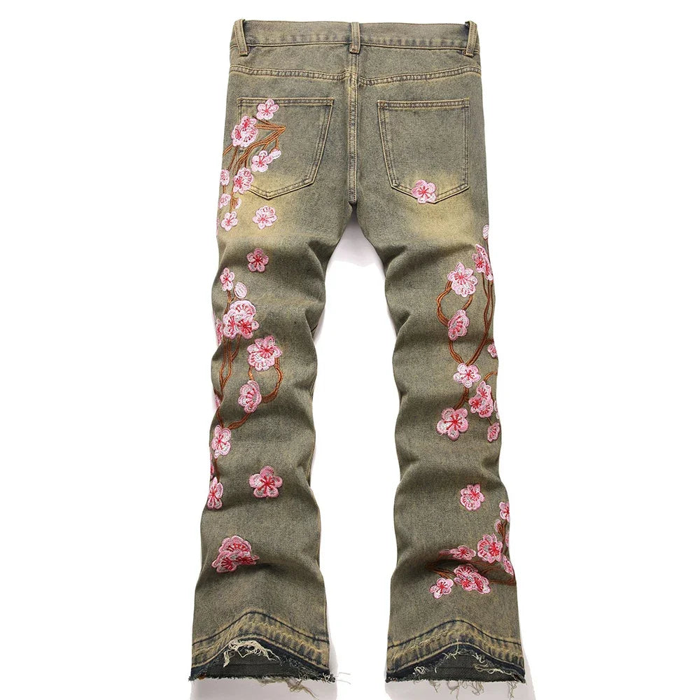 Men Sakura Embroidery Denim Jeans Streetwear Boot Cut Pants Released Hem Flared Trousers with Ripped And Cherry Blossom Design