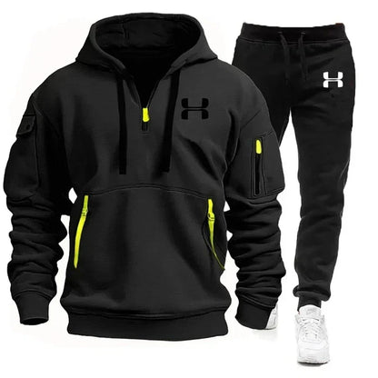 Men's autumn and winter new zipper long sleeved hooded sweatshirt, sports and casual pants, two-piece fitness jogging suit